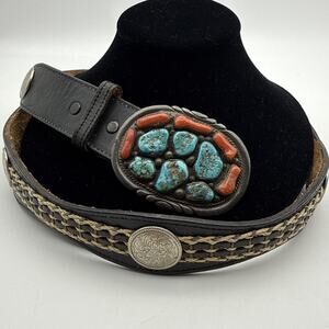 Vintage EMY Zuni Turquoise Coral Sterling Silver Belt Buckle Leather Belt Concho